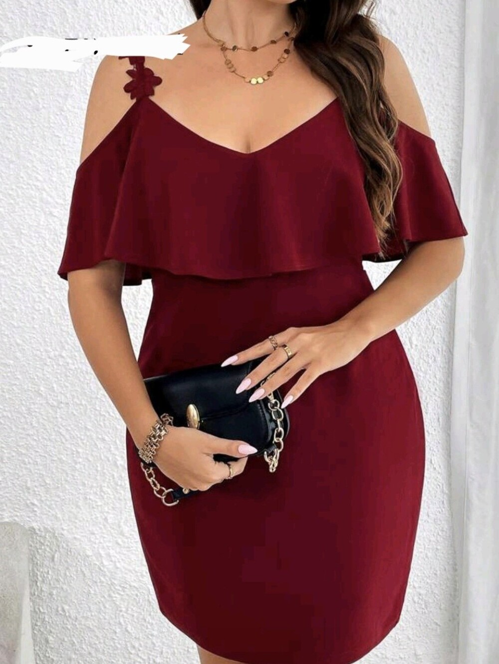Ruffle Off-Shoulder Midi Dress in Burgundy